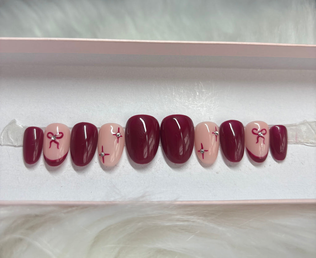 cherry dark red bow coquette stars rhinestones press-on nails by Polished by Maddie