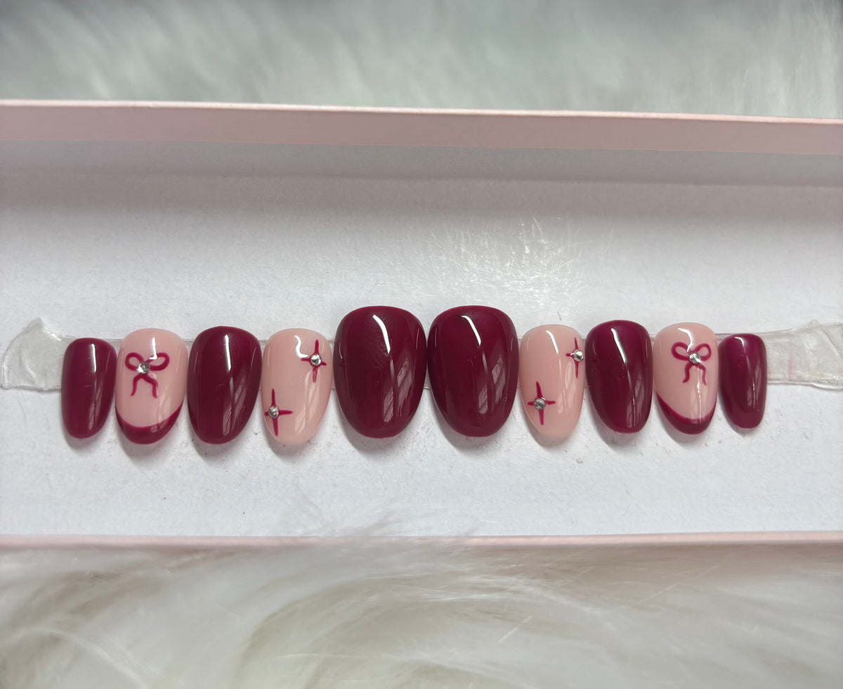 cherry dark red bow coquette stars rhinestones press-on nails by Polished by Maddie