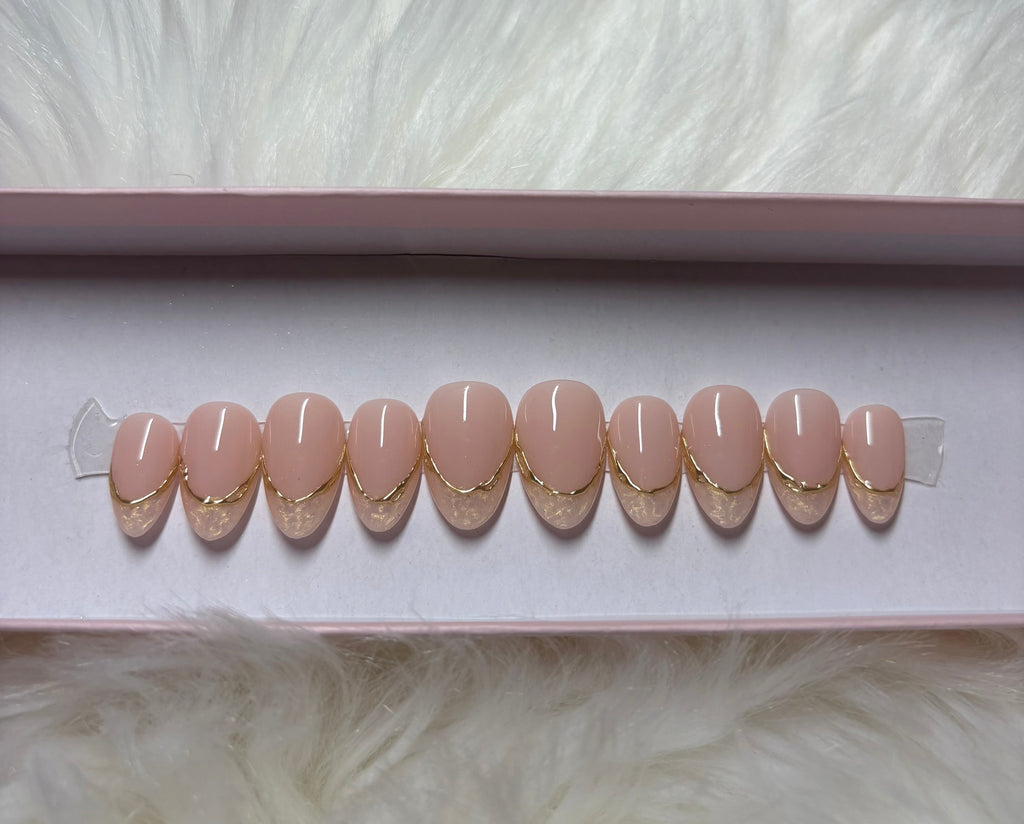 gold chrome 3d outline bridal wedding white pearlescent pearl french tips neutral nude press-on nails by Polished by Maddie