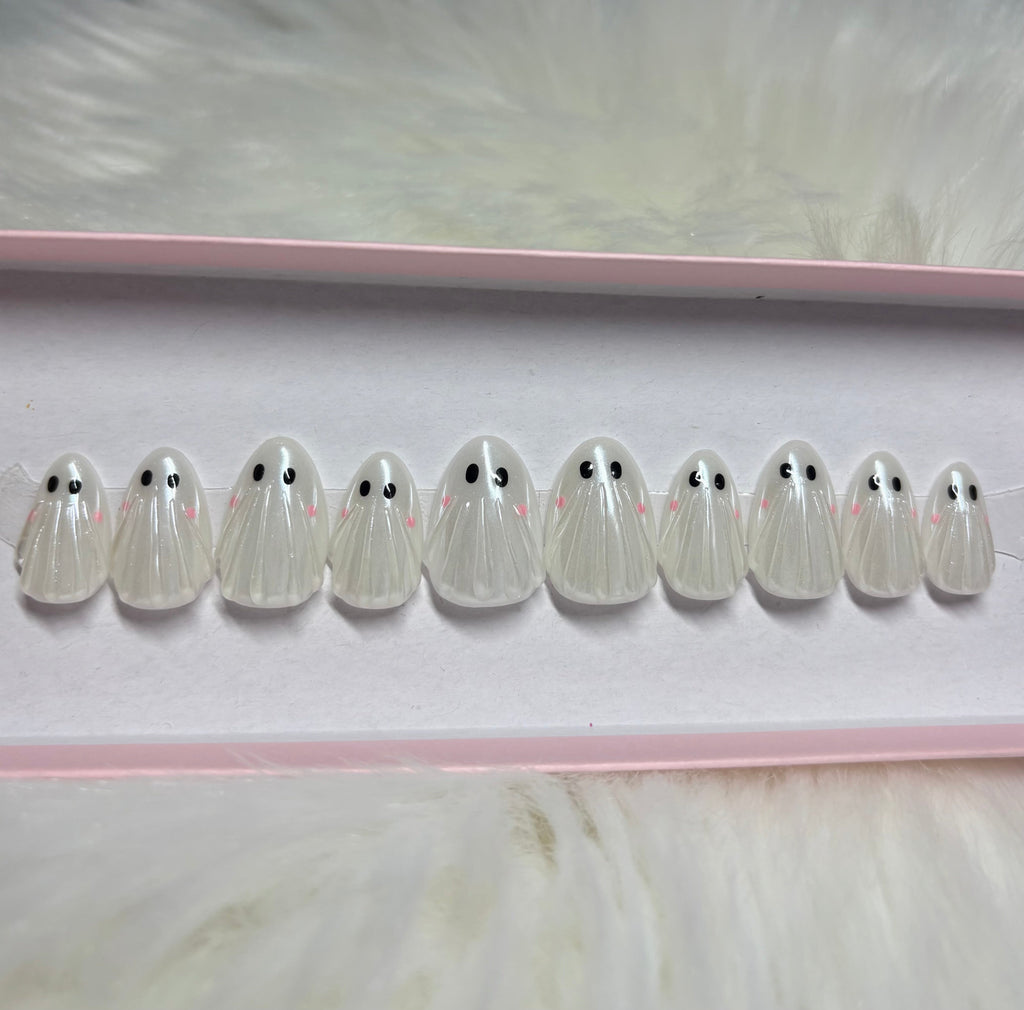 spooky halloween chrome white 3d press-on nails by Polished by Maddie