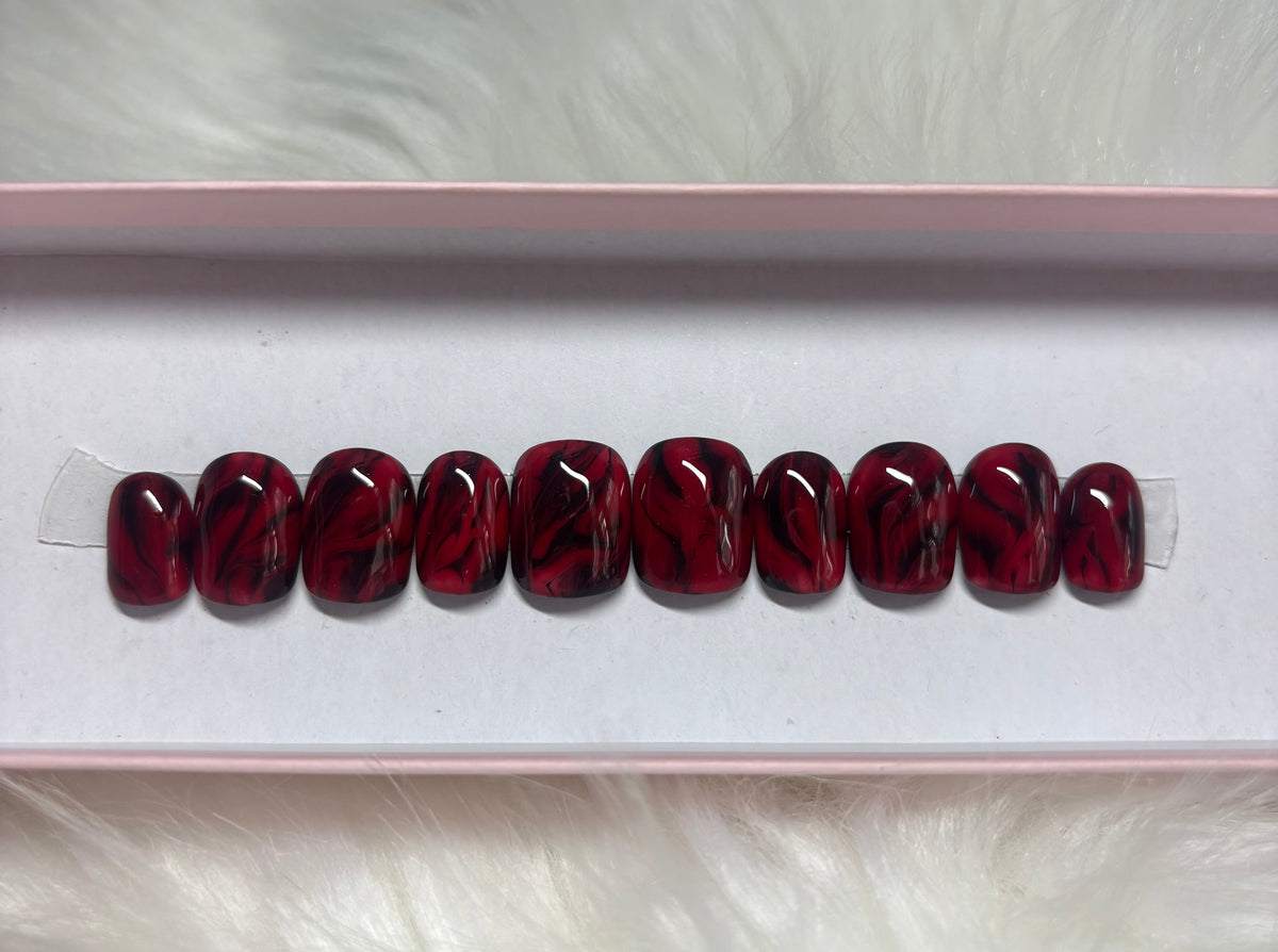 black red marble smoky halloween valentine's day press-on nails by Polished by Maddie