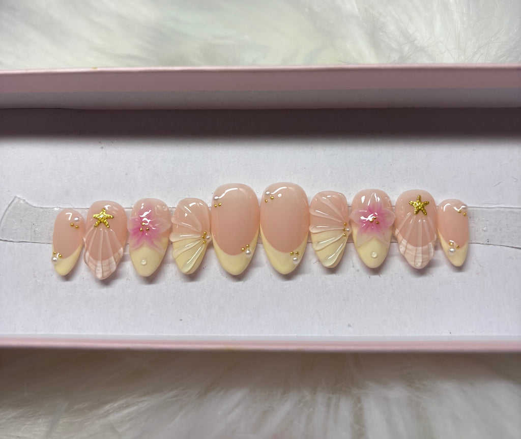 baby pastel yellow summer 3d pink flower shell press-on nails by Polished by Maddie