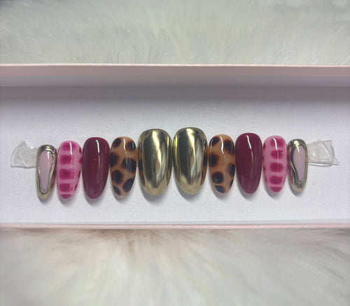 gold tortie shell tortoise print croc red burgundy press-on nails by Polished by Maddie