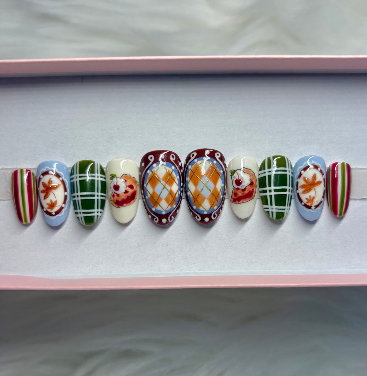 apple pie cherry fall halloween argyle brown retro leaves leaf thanksgiving press-on nails by Polished by Maddie
