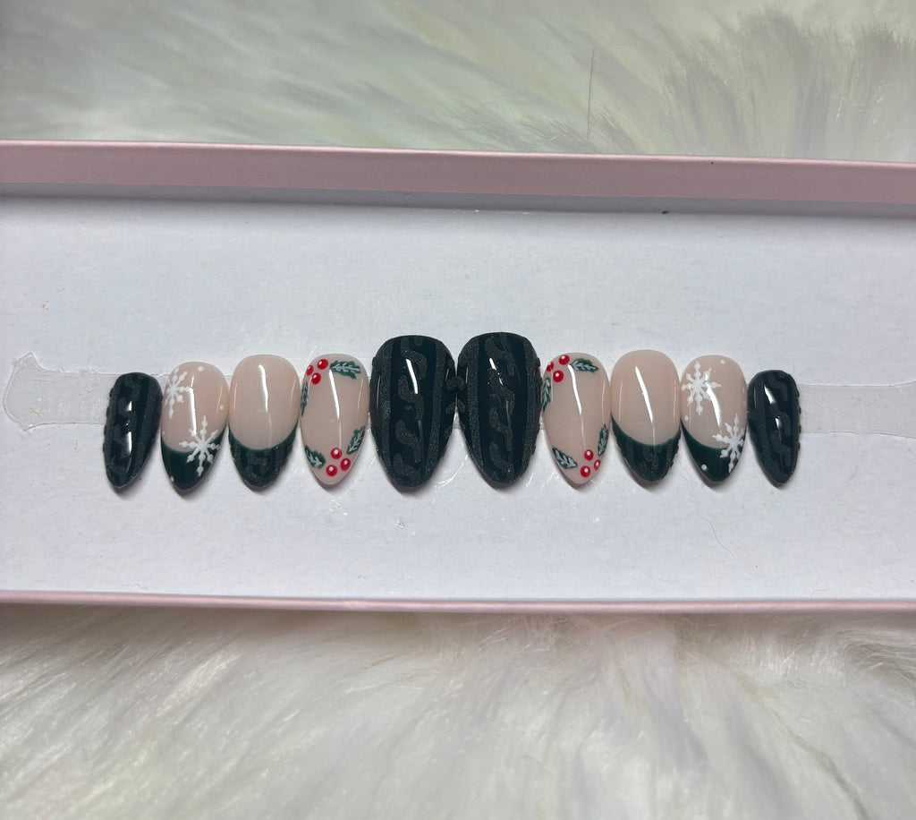 emerald dark forest green pine mistletoe holly christmas 3d sweater snowflakes holidays press-on nails by Polished by Maddie