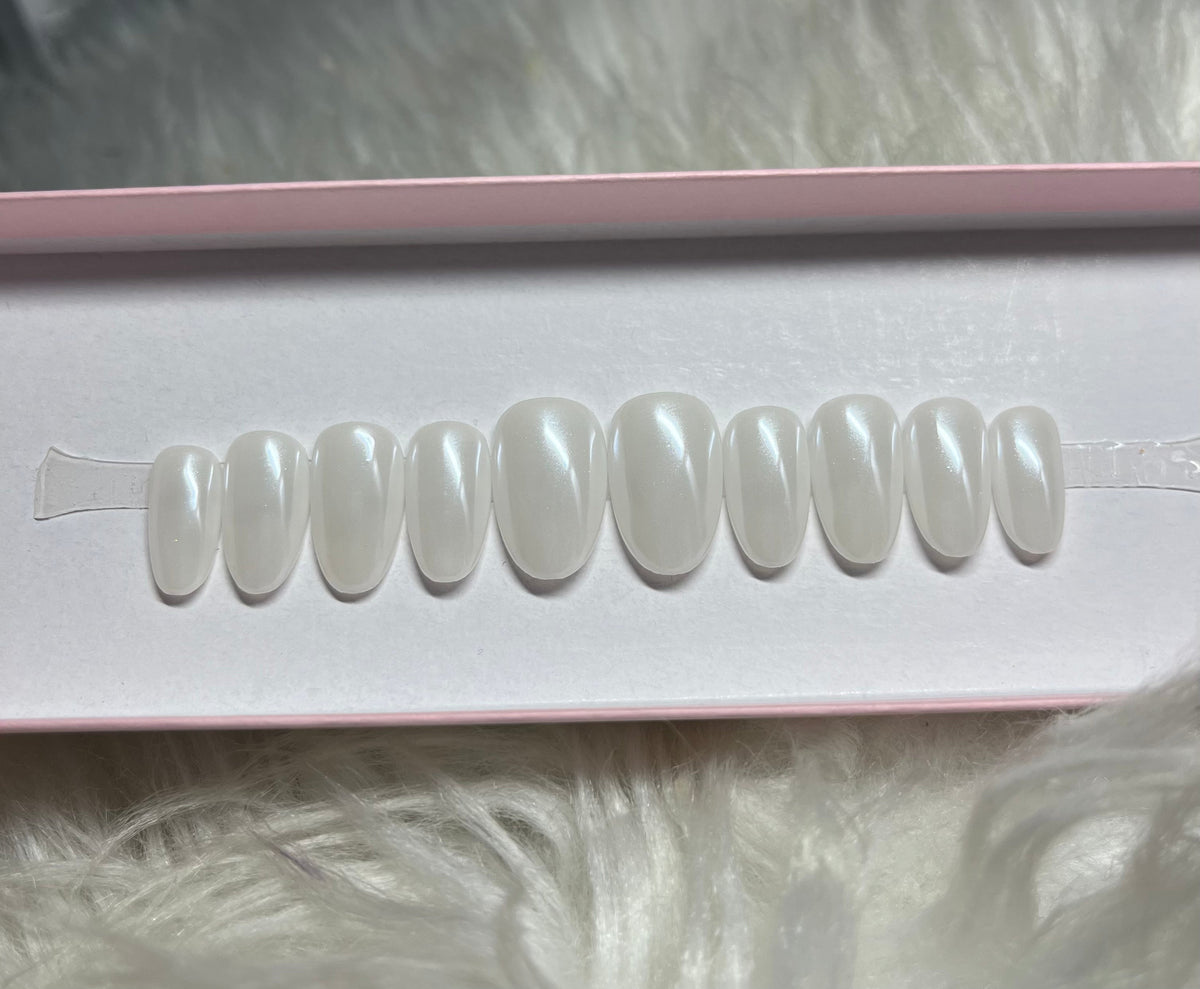 chrome, glazed donut, milky white press-on nails by Polished by Maddie