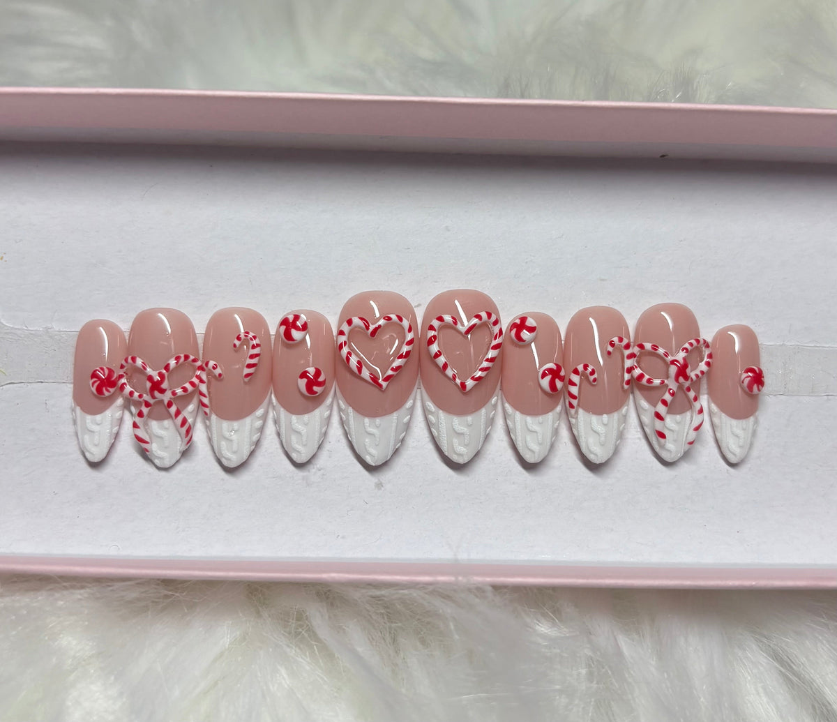 sweater 3d candy cane christmas holiday white red press-on nails by Polished by Maddie