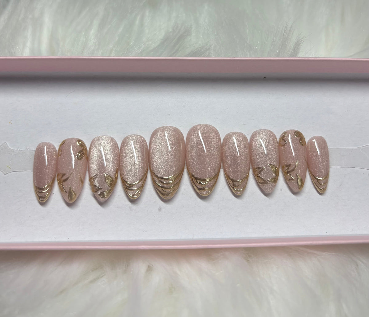 cat eye neutral wedding bridal gold chrome glitter press-on nails by Polished by Maddie