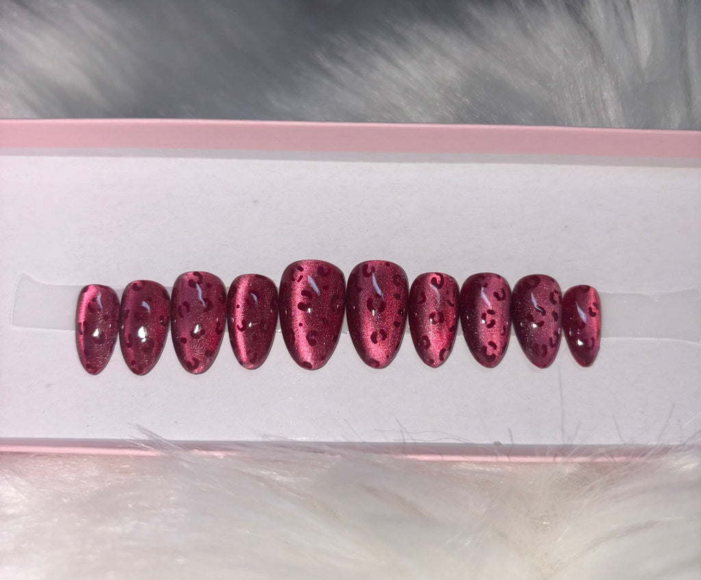 red cat eye velvet glitter animal leopard print press-on nails by Polished by Maddie