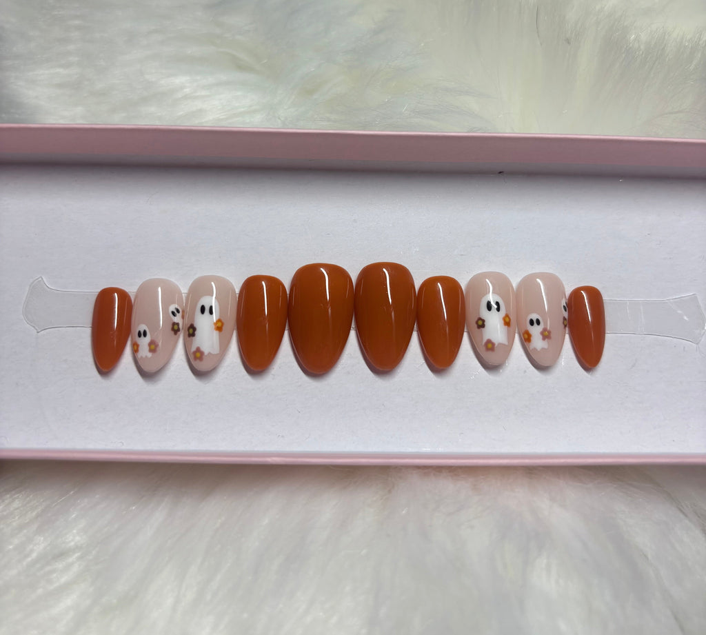 burnt orange fall ghosts halloween flowers florals press-on nails by Polished by Maddie