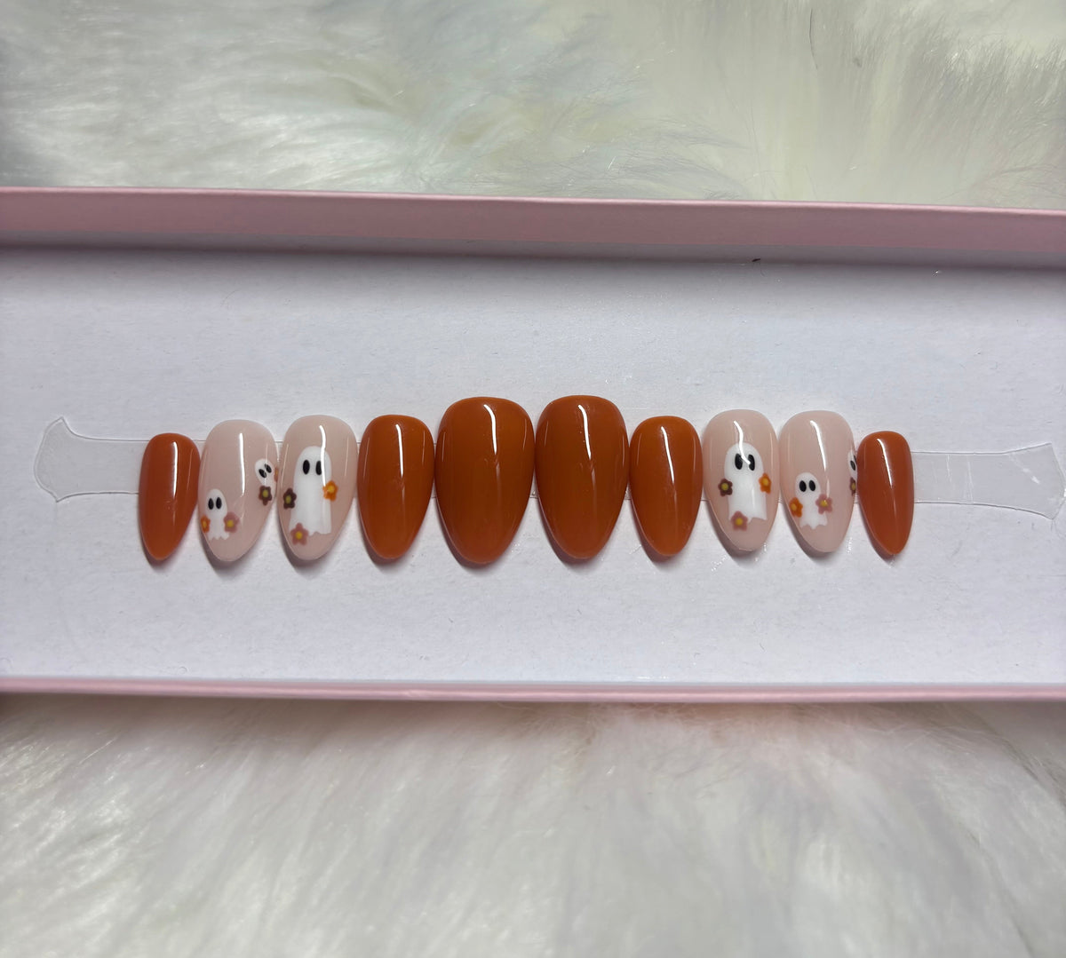 burnt orange fall ghosts halloween flowers florals press-on nails by Polished by Maddie