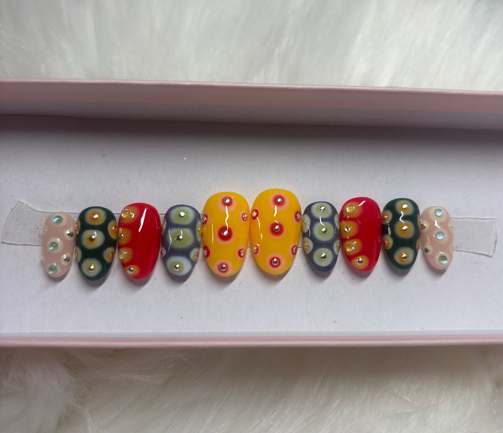 red gems 3d rhinestones yellow summer neon bright rainbow green blue gems press-on nails by Polished by Maddie