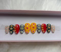 red gems 3d rhinestones yellow summer neon bright rainbow green blue gems press-on nails by Polished by Maddie