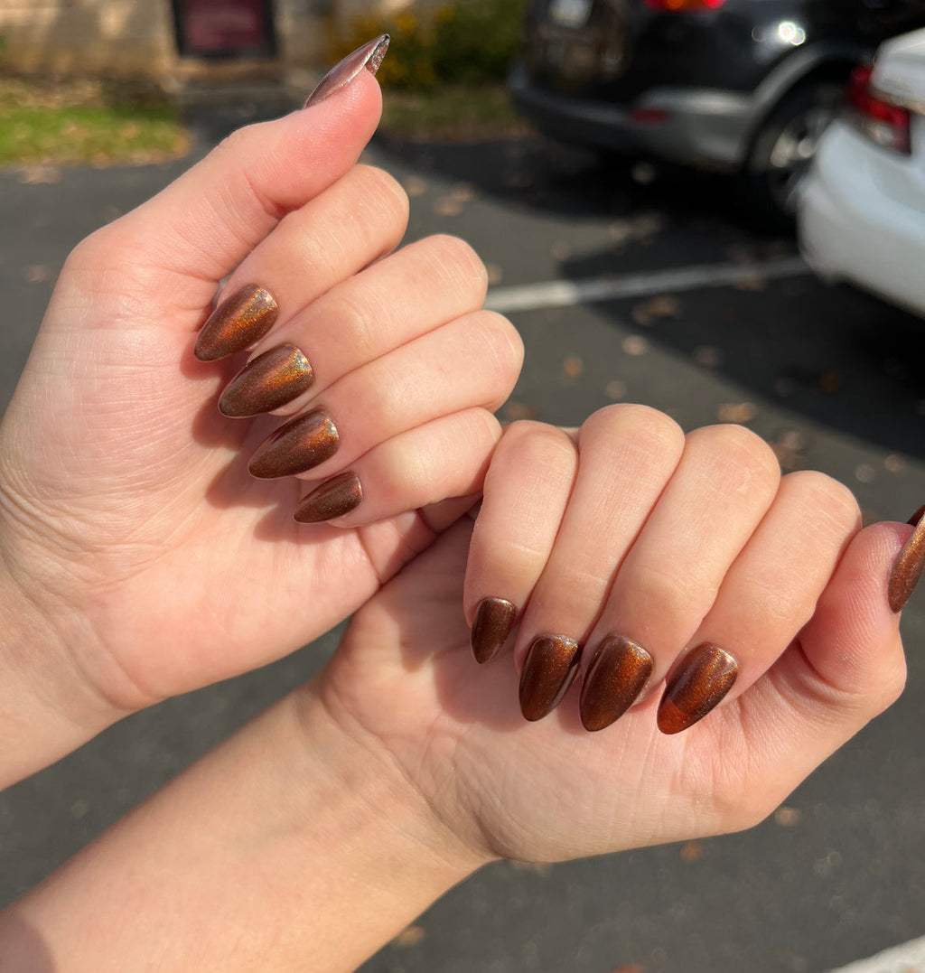 brown holographic christmas holidays fall press-on nails by Polished by Maddie