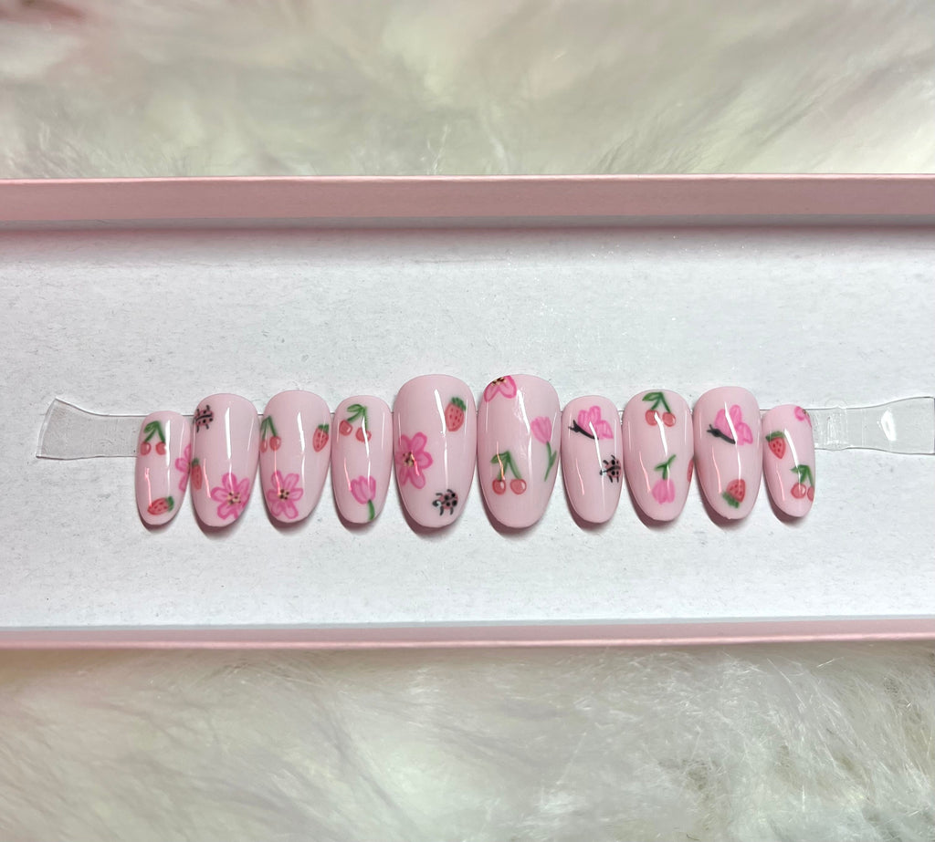 light pink pastel butterfly fruit strawberry cherry flowers floral tulips press-on nails by Polished by Maddie