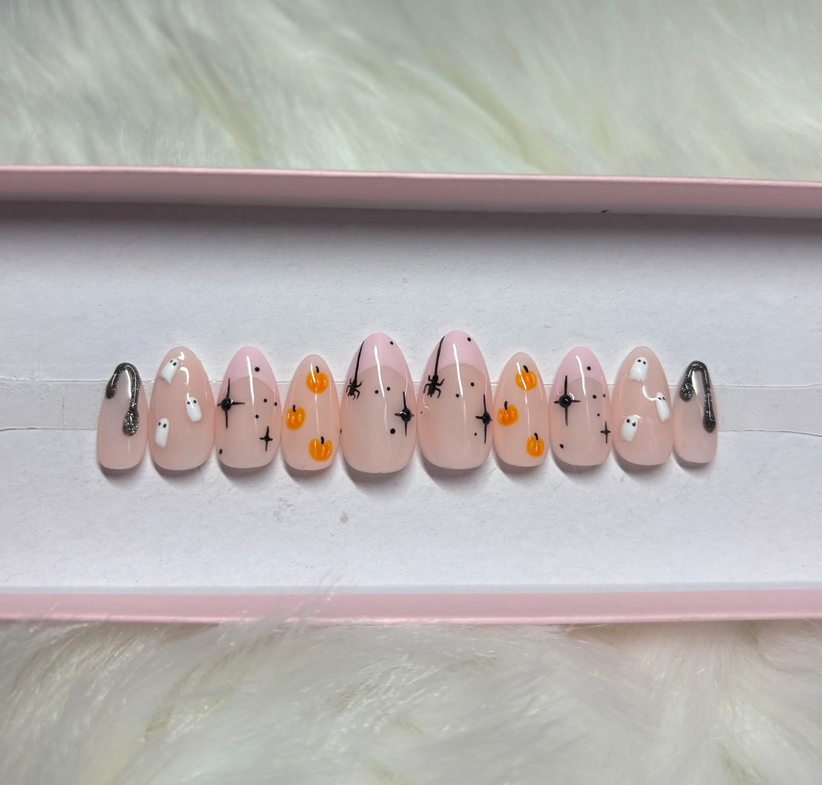 pink french tips black stars halloween spooky 3d pumpkins ghosts black blood drips press-on nails by Polished by Maddie