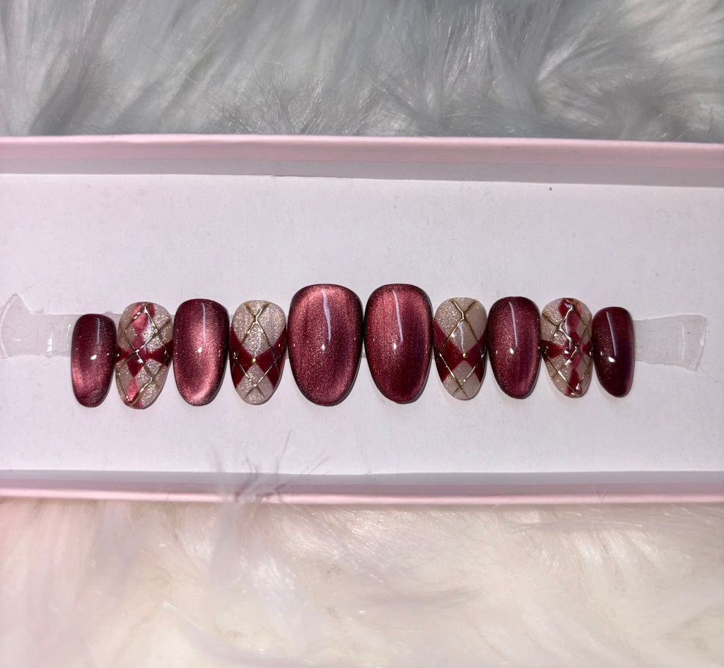 burgundy cat eye argyle red fall autumn plaid halloween gold lines press-on nails by Polished by Maddie
