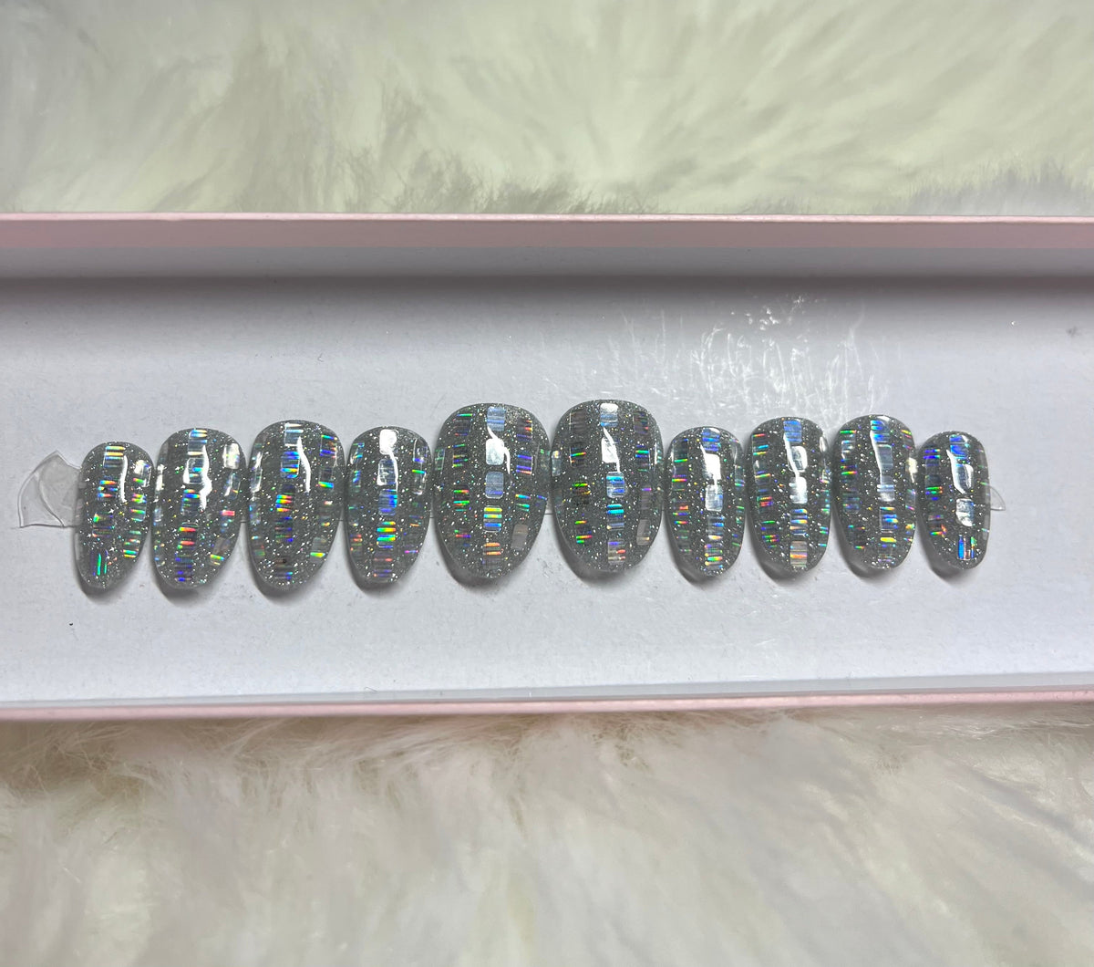 disco ball nye silver glitter holographic holidays christmas new years eve press-on nails by Polished by Maddie