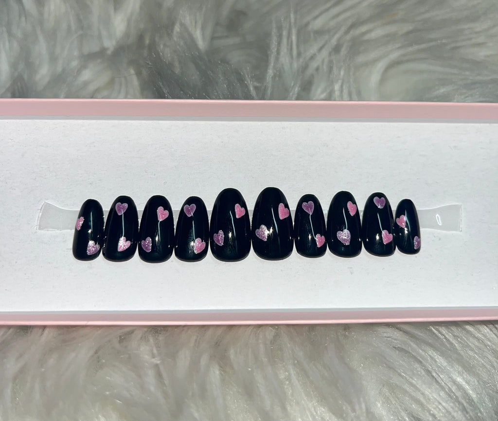 black cat eye velvet hearts purple pink glitter valentine's day press-on nails by Polished by Maddie