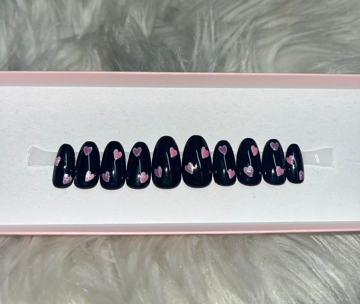 black cat eye velvet hearts purple pink glitter valentine's day press-on nails by Polished by Maddie