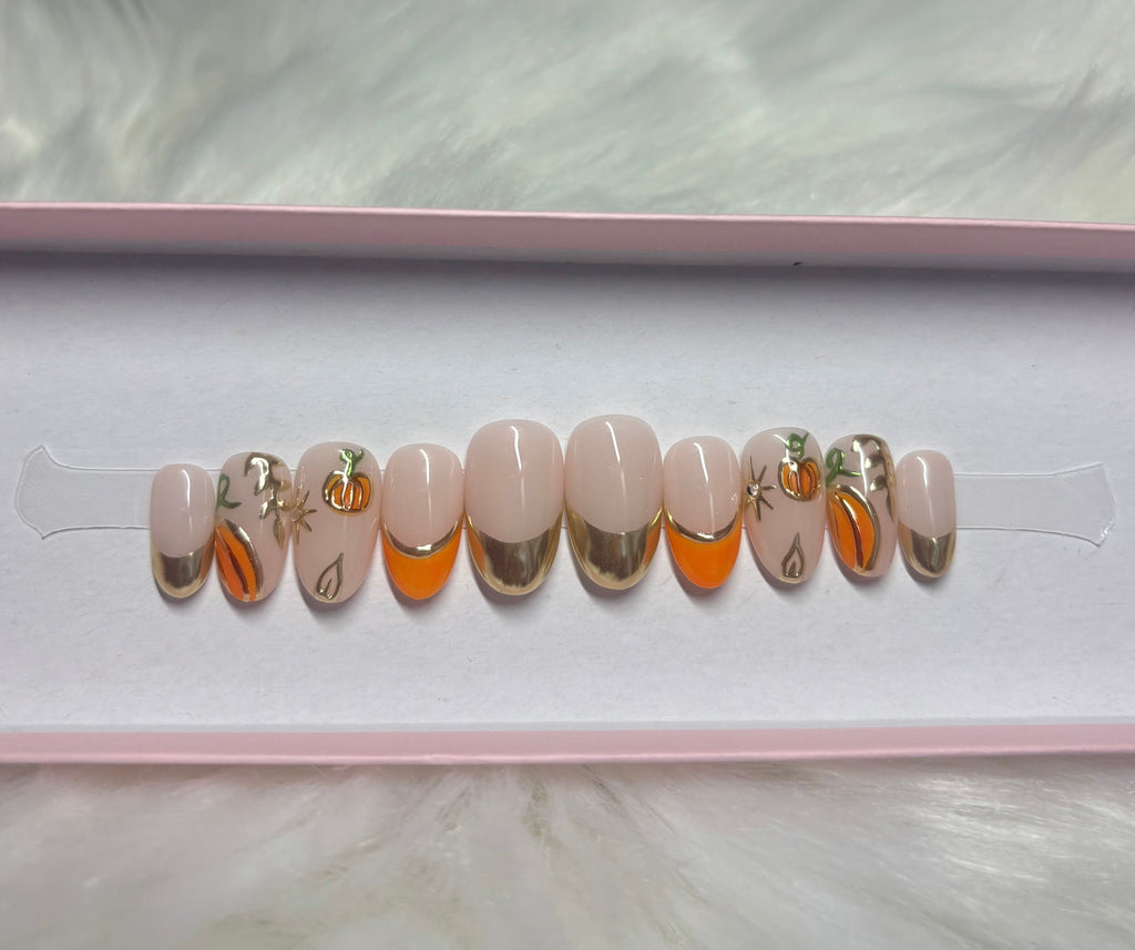 gold chrome pumpkins leaves orange fall press-on nails by Polished by Maddie