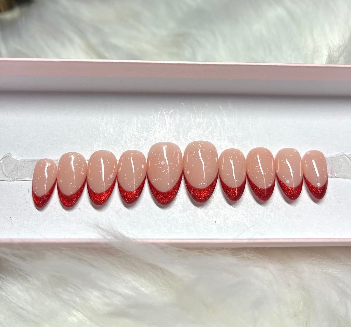 red cat eye holidays christmas snow glitter french tips press-on nails by Polished by Maddie