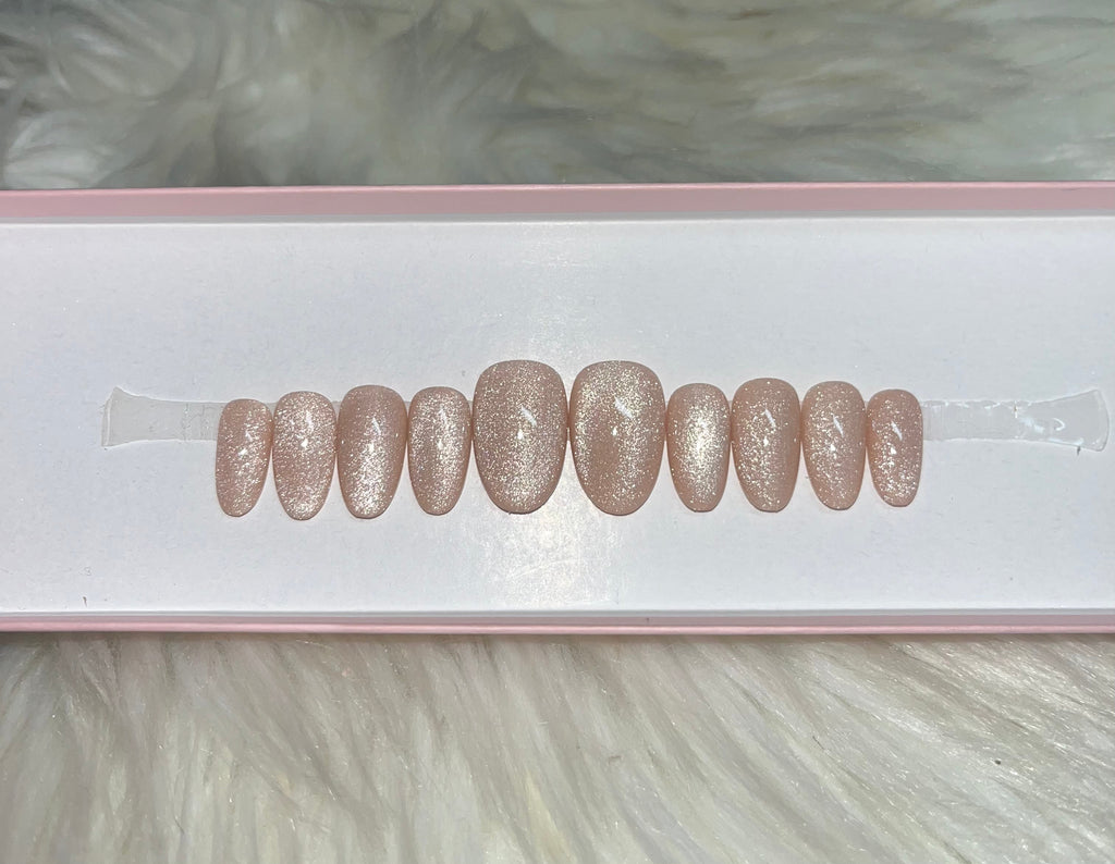 nude velvet gold neutral glitter magnetic cat eye press-on nails by Polished by Maddie