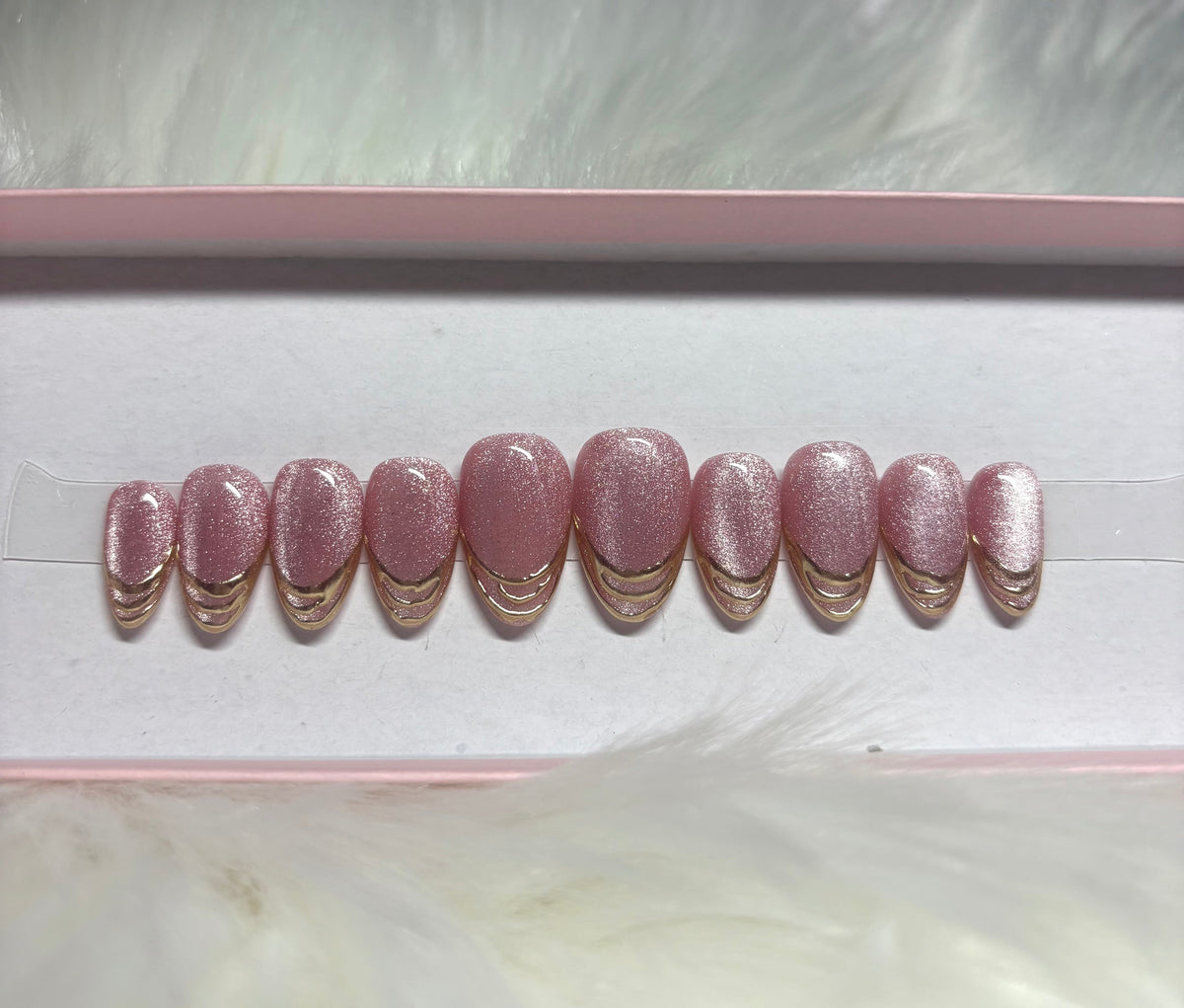 pink gold chrome outline french cat eye velvet glitter press-on nails by Polished by Maddie