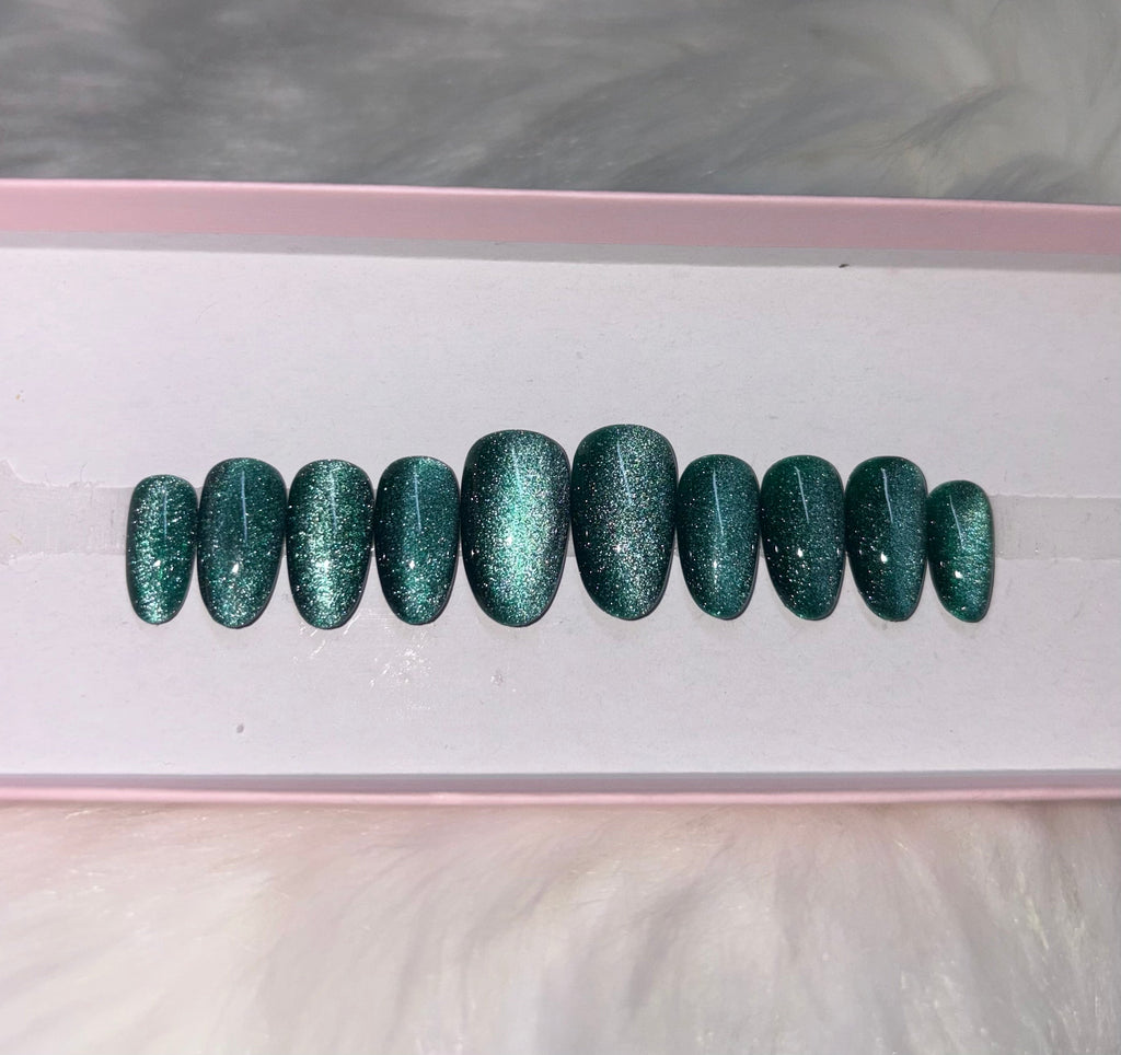 green cat eye forest dark christmas fall holiday earthy velvet press-on nails by Polished by Maddie