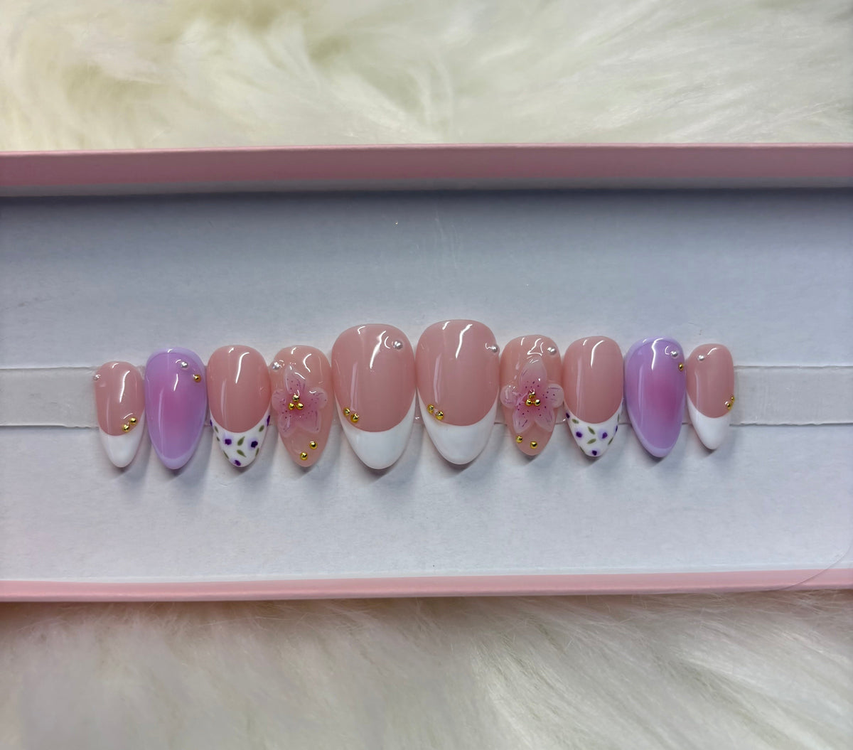 purple spring summer aura 3d flower florals french tips gems press-on nails by Polished by Maddie