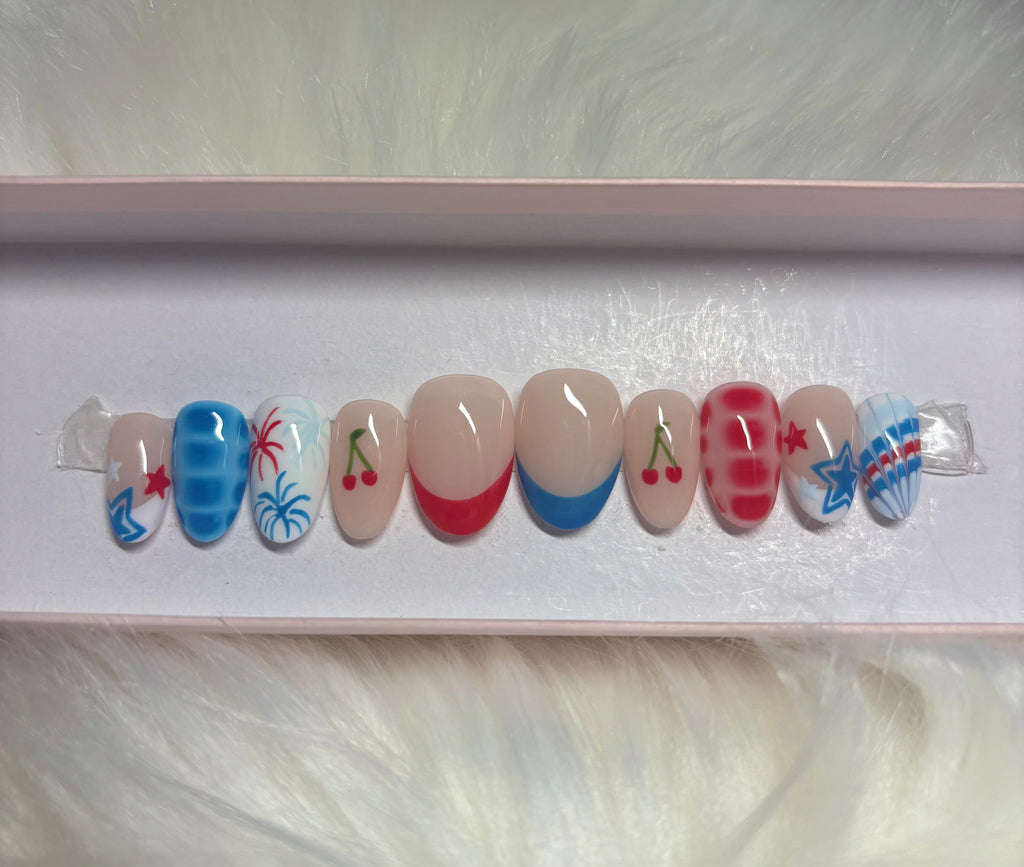 4th of july usa america patriotic red white blue stars summer press-on nails by Polished by Maddie