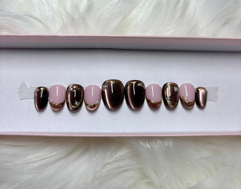 brown cat eye fall gold pearls 3d autumn press-on nails by Polished by Maddie