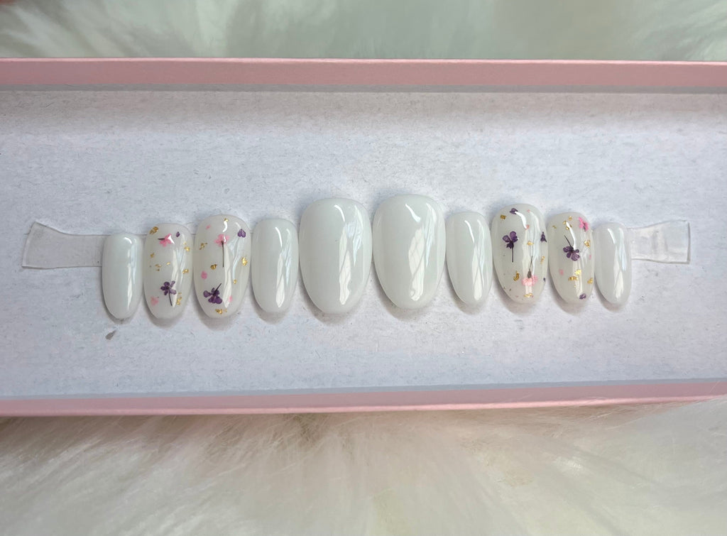 real dried pressed flowers milky white gold flakes spring press-on nails by Polished by Maddie
