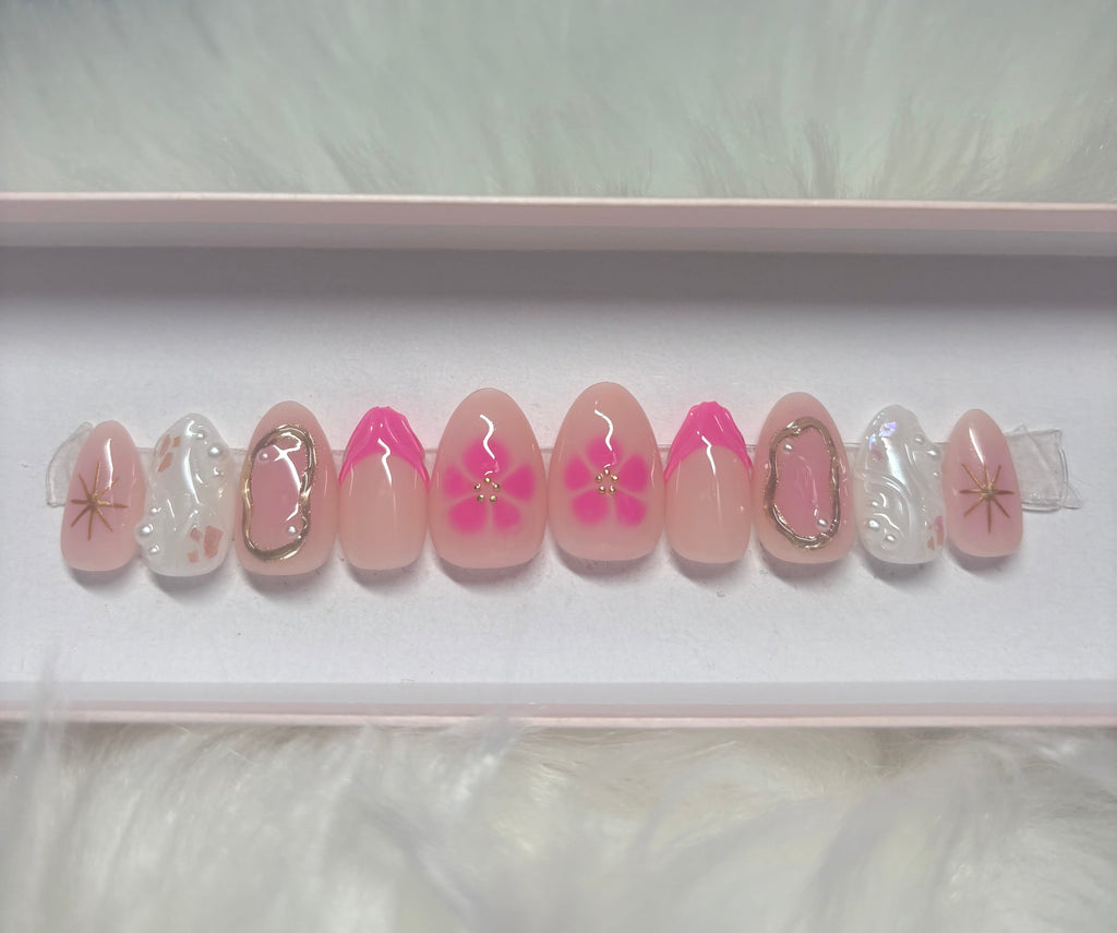 pink flower summer 3d shell press-on nails by Polished by Maddie