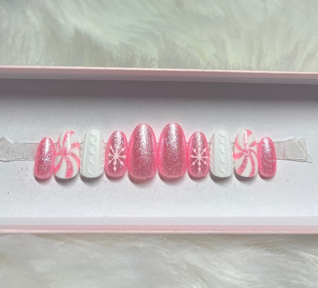 pink snowflakes glitter 3d sweater peppermint swirl christmas holidays press-on nails by Polished by Maddie