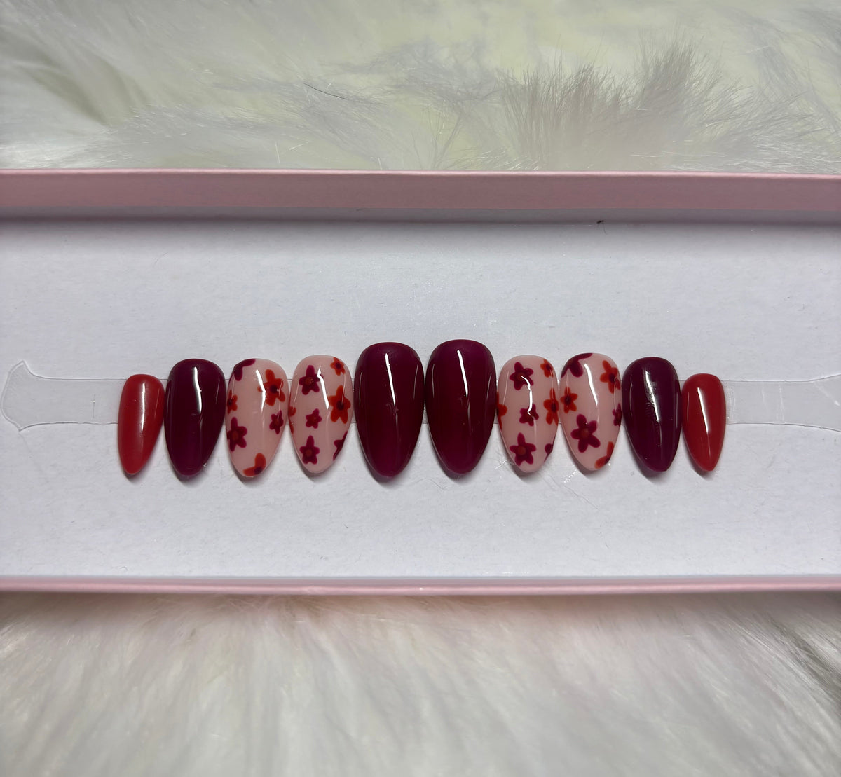 burgundy deep dark red fall burnt flowers florals press-on nails by Polished by Maddie