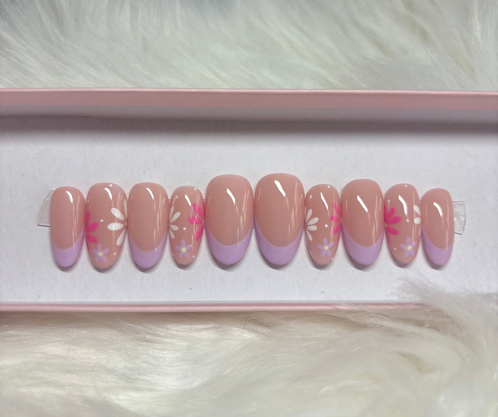 purple pastel flowers florals pink french tips spring summer press-on nails by Polished by Maddie