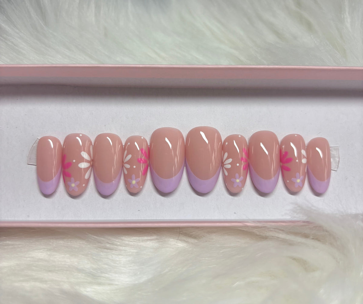 purple pastel flowers florals pink french tips spring summer press-on nails by Polished by Maddie