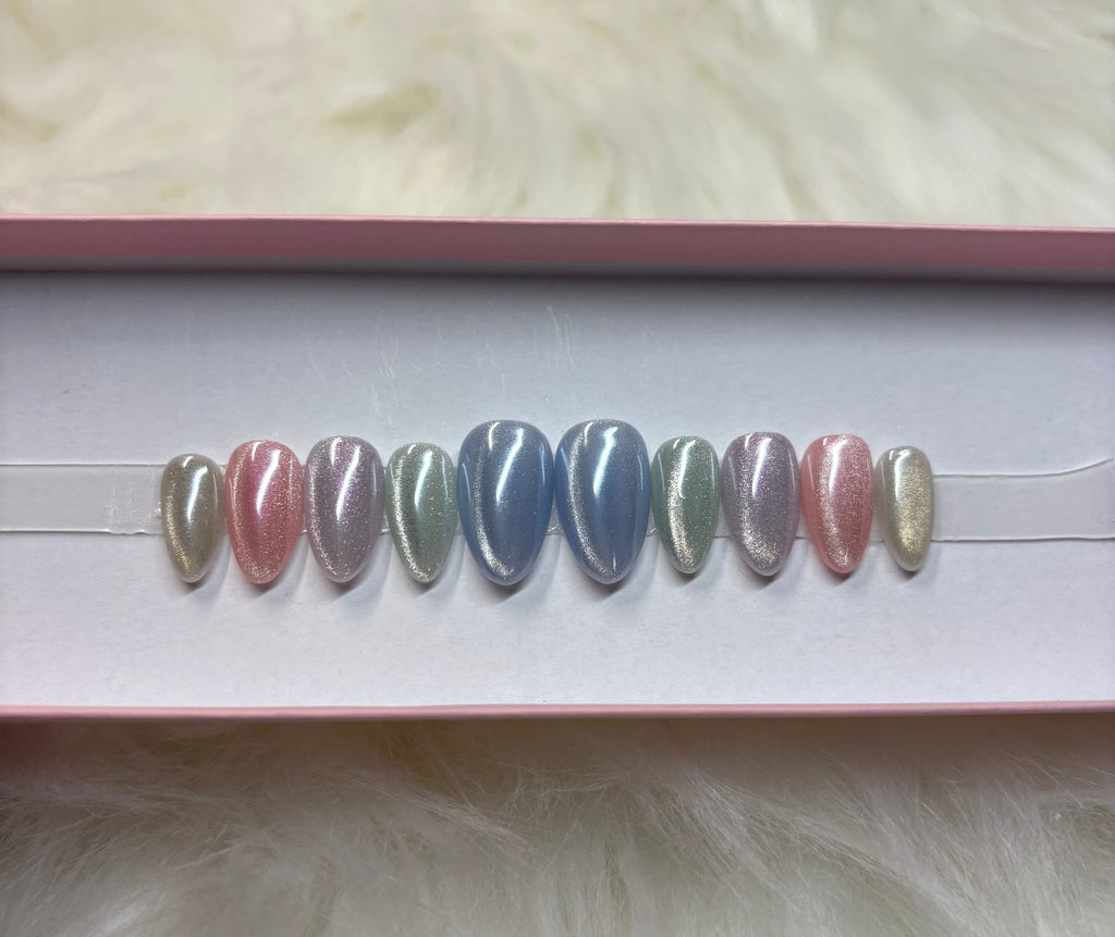 cat eye chrome colorful rainbow pastel press-on nails by Polished by Maddie