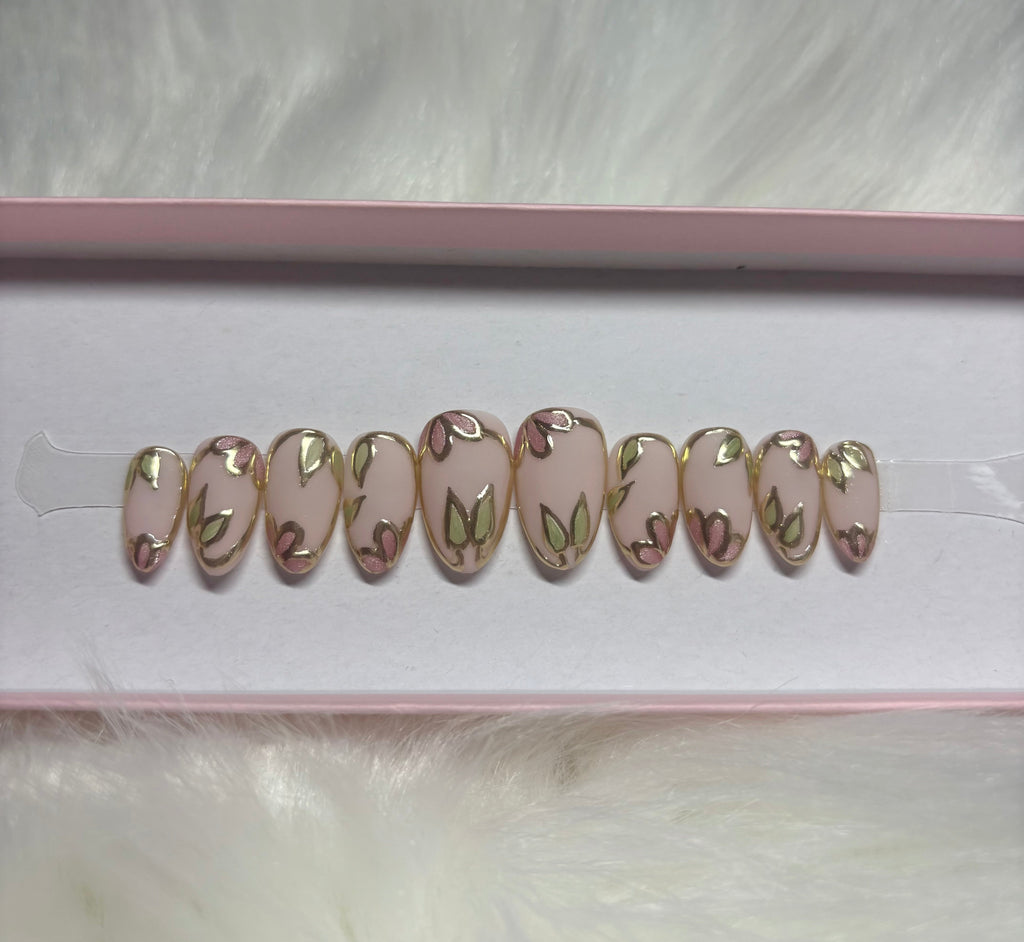 matte pink flower green fall leaf leaves gold chrome encrusted press-on nails by Polished by Maddie