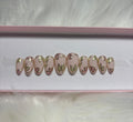 matte pink flower green fall leaf leaves gold chrome encrusted press-on nails by Polished by Maddie
