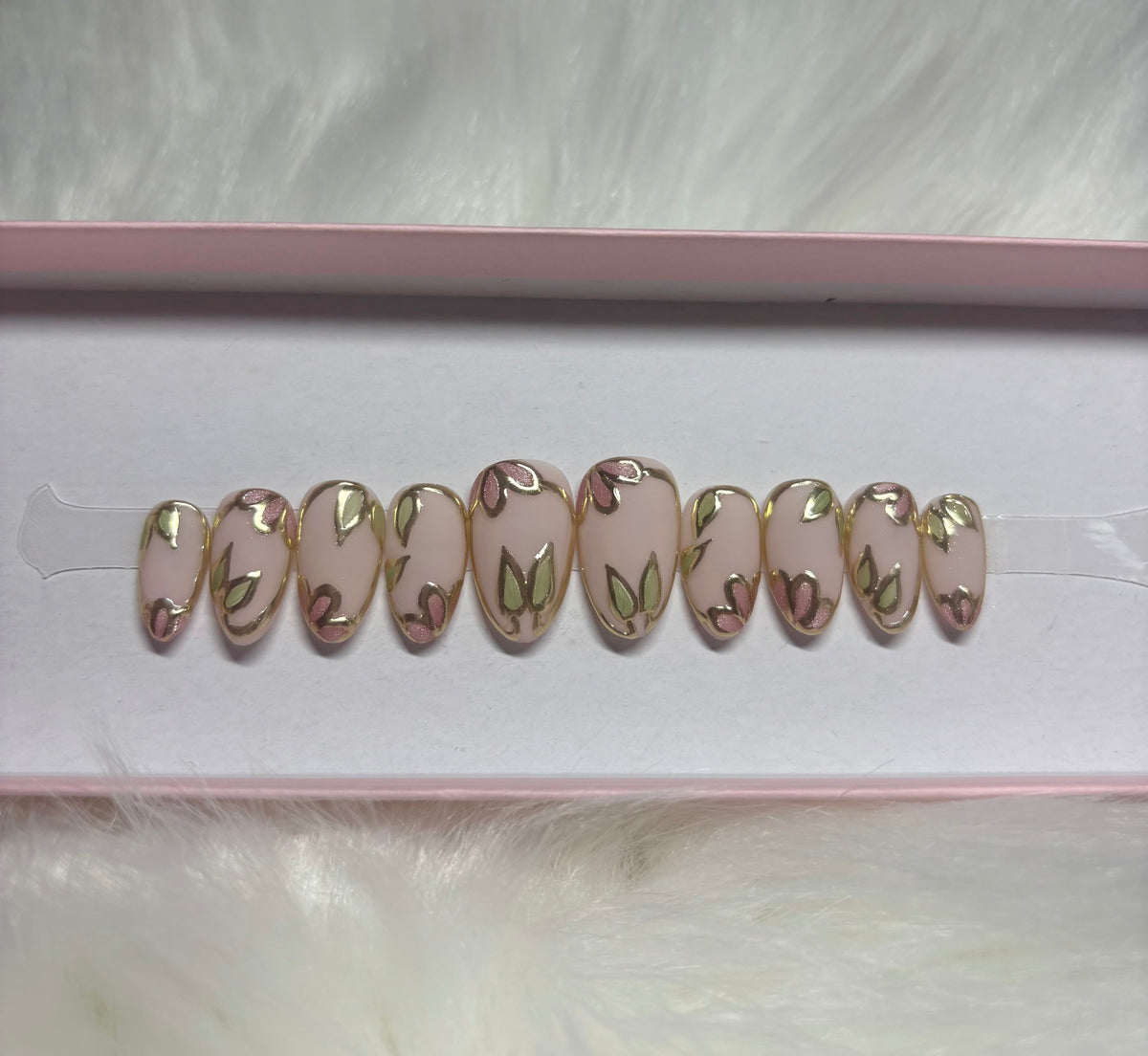 matte pink flower green fall leaf leaves gold chrome encrusted press-on nails by Polished by Maddie