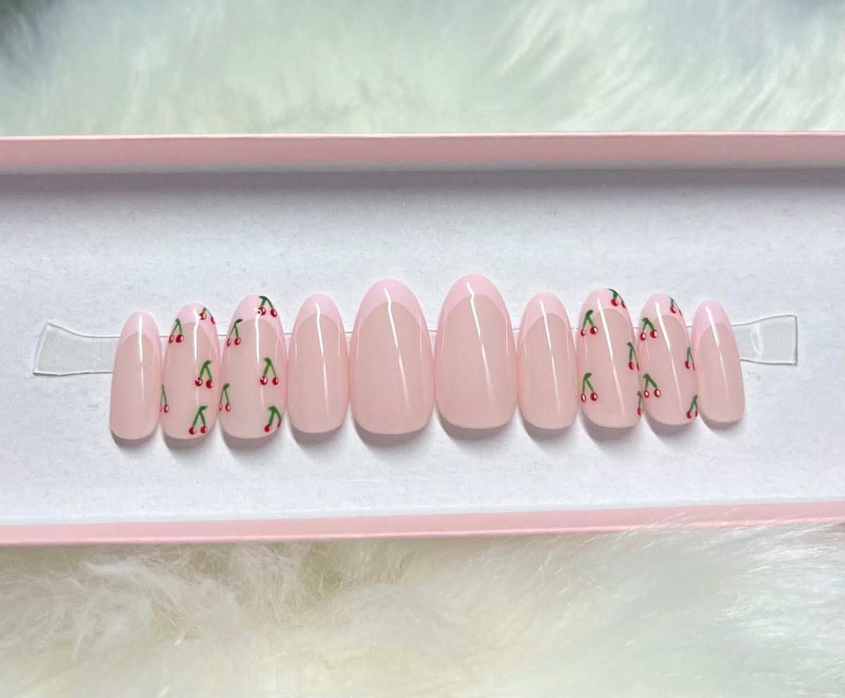 pastel light baby pink french tips cherries fruit spring press-on nails by Polished by Maddie
