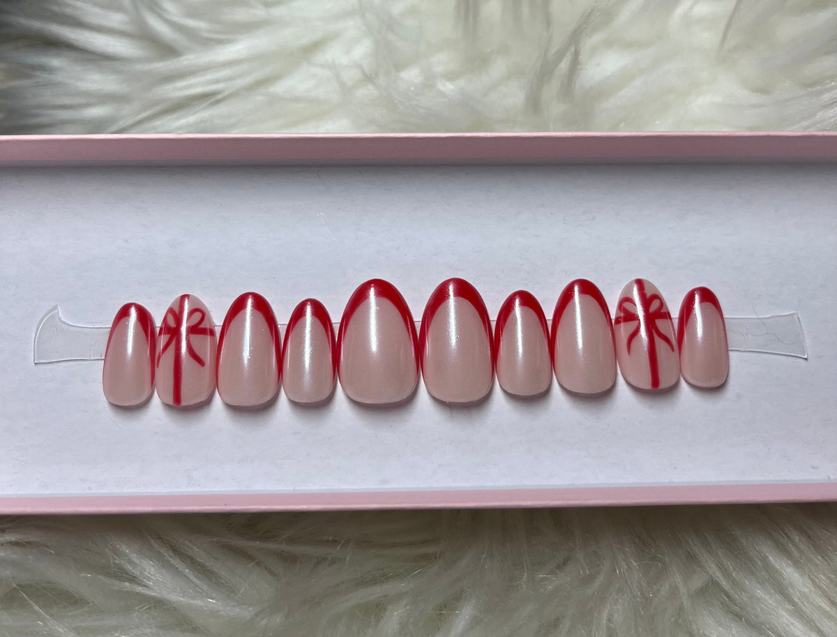 red chrome french tips ribbon bow christmas holidays press-on nails by Polished by Maddie
