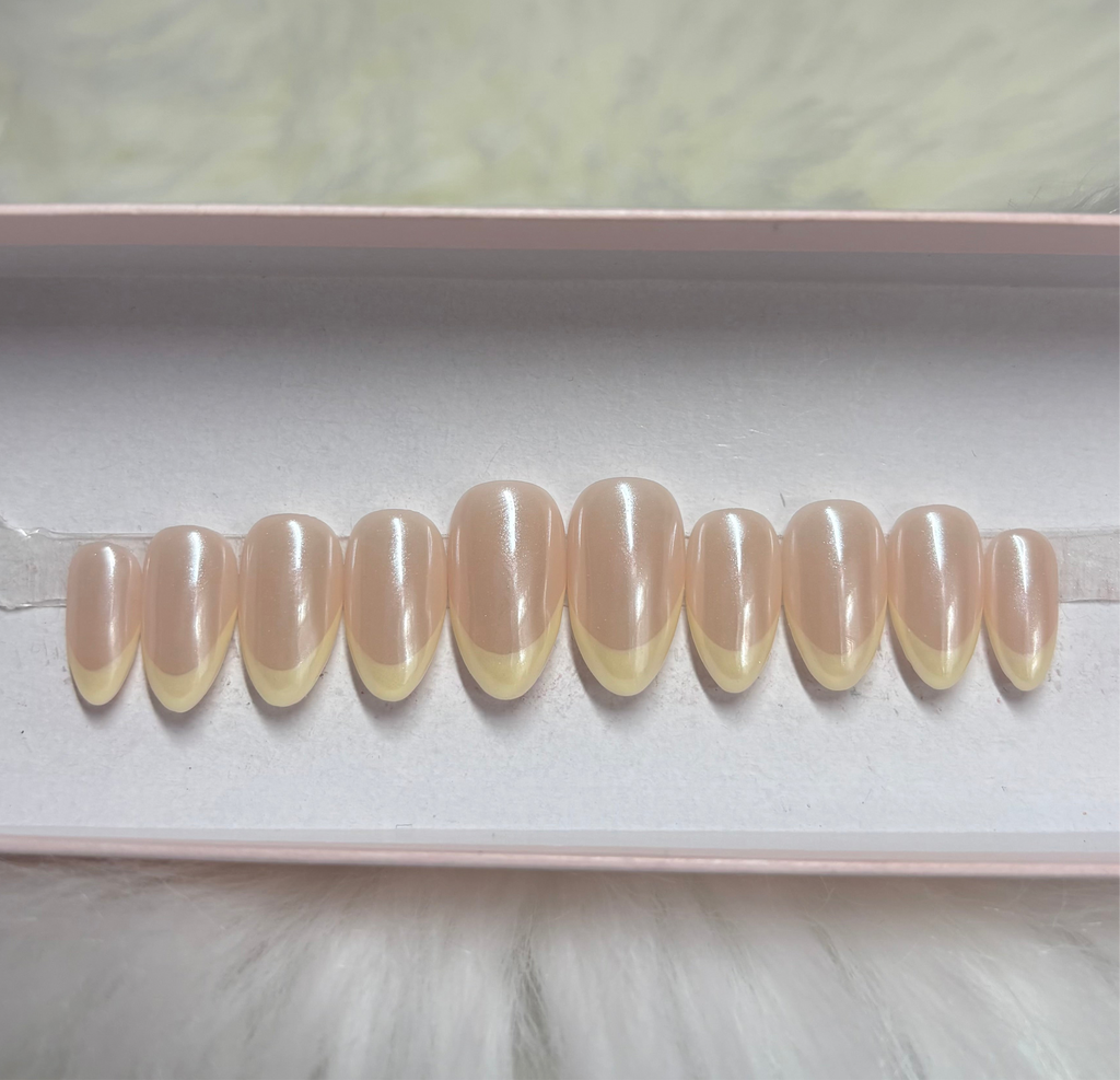 pastel light yellow french tips chrome spring press-on nails by Polished by Maddie
