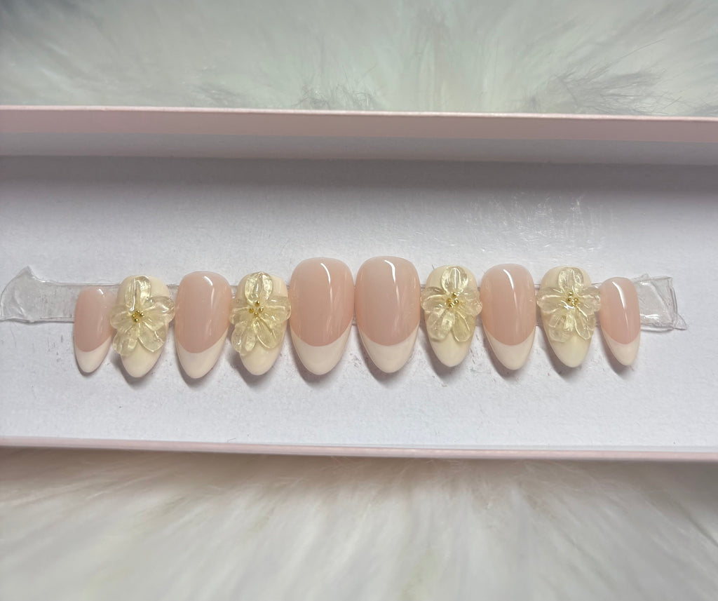 off white cream yellow 3d flowers summer spring press-on nails by Polished by Maddie