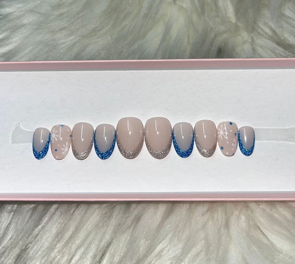 snowflake christmas holidays winter blue glitter silver snow press-on nails by Polished by Maddie