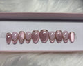 pink cat eye gold chrome pearls gems girly velvet sparkles press-on nails by Polished by Maddie