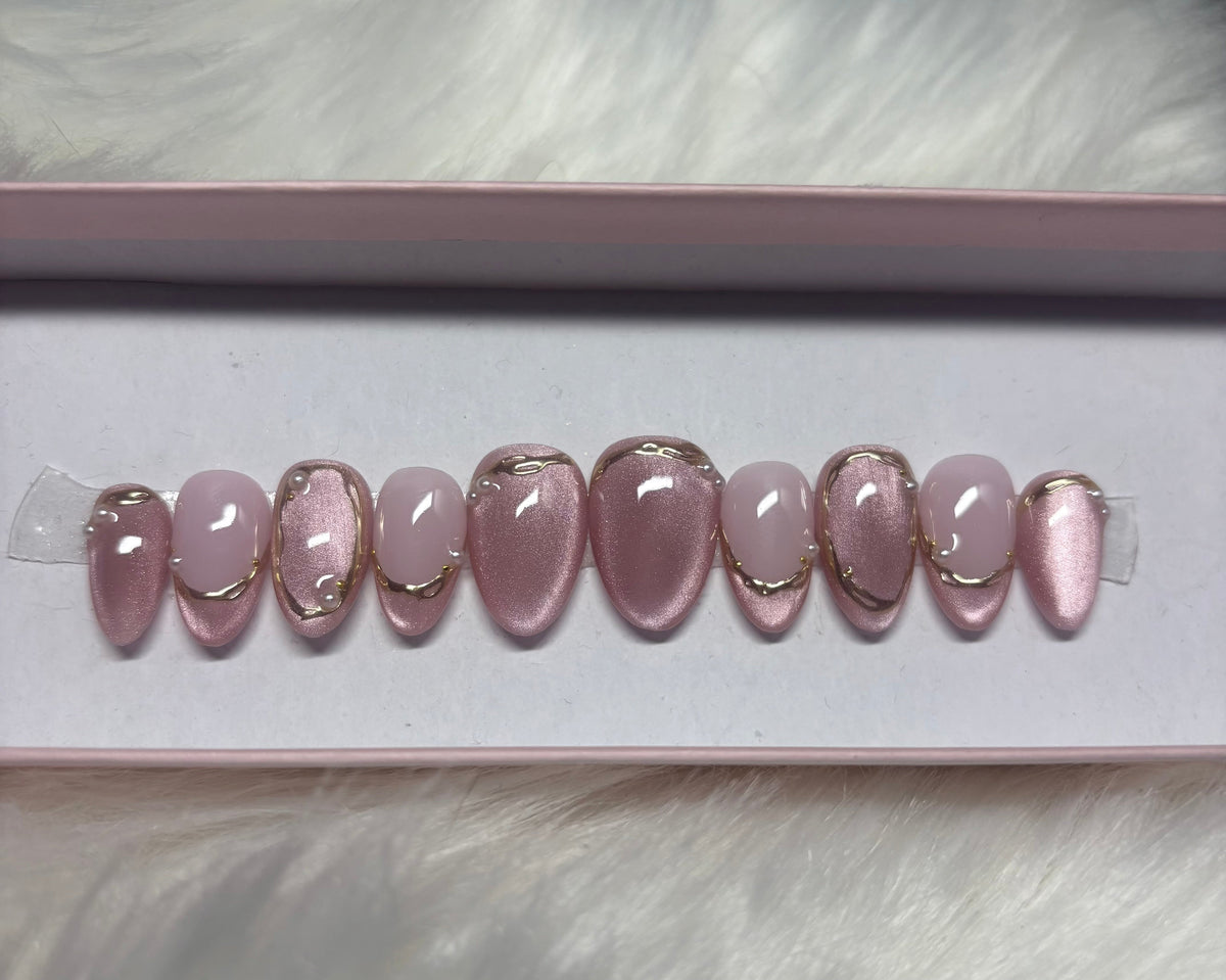 pink cat eye gold chrome pearls gems girly velvet sparkles press-on nails by Polished by Maddie