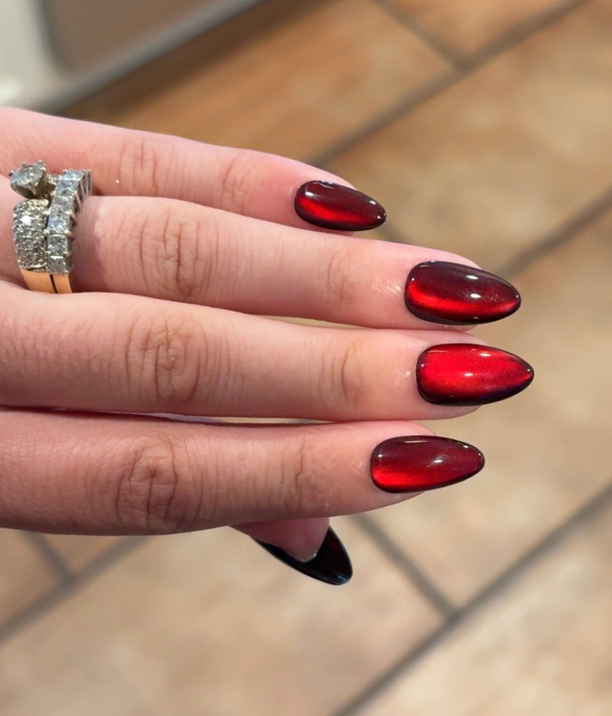 black fall halloween red cat eye velvet press-on nails by Polished by Maddie